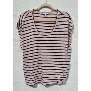 Joie Womens Top Medium Pink Black Striped Linen Cap Sleeve Scoop Neck Shirt